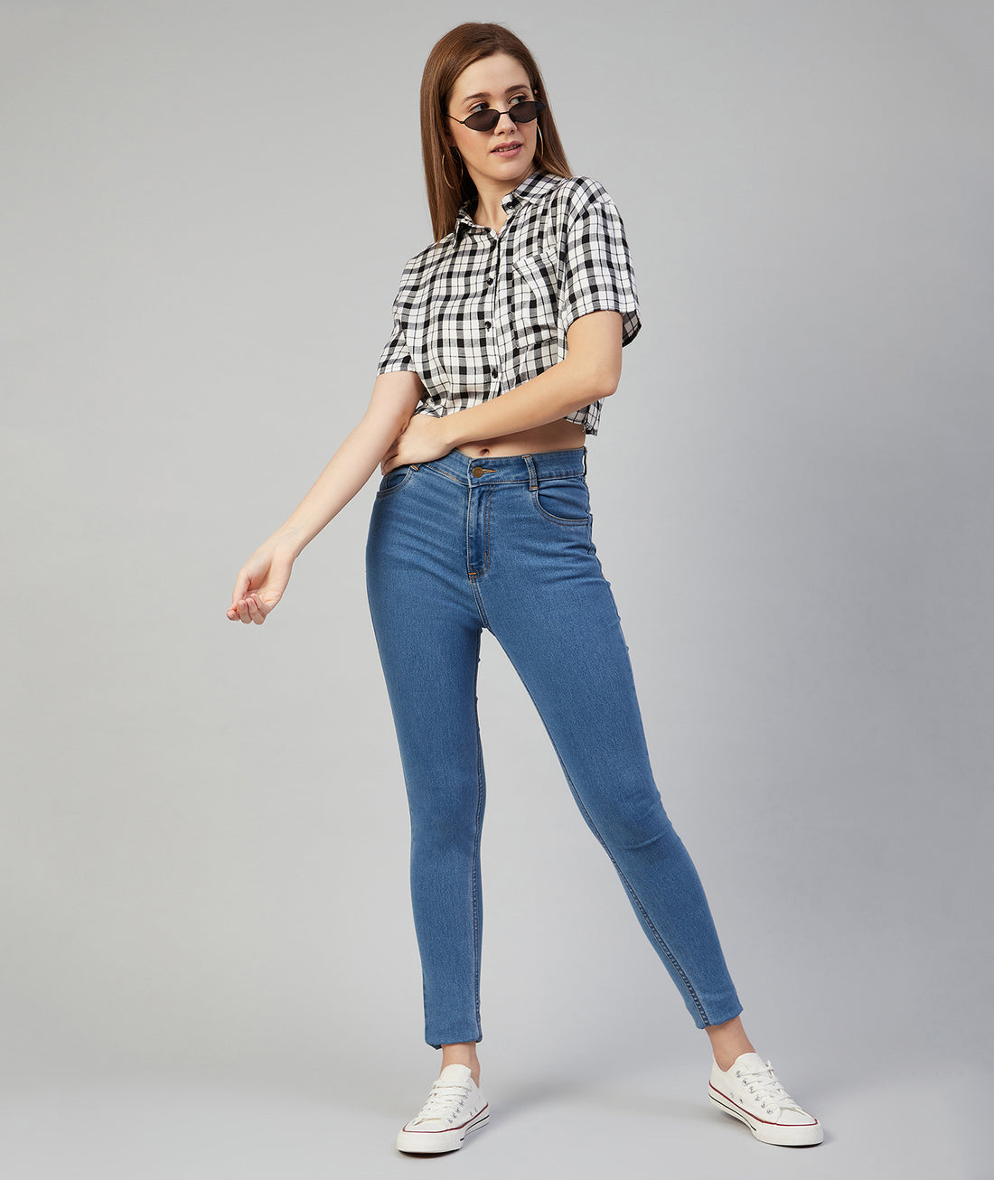 Chimpaaanzee Women Viscose Black and White Checkered Crop Shirt