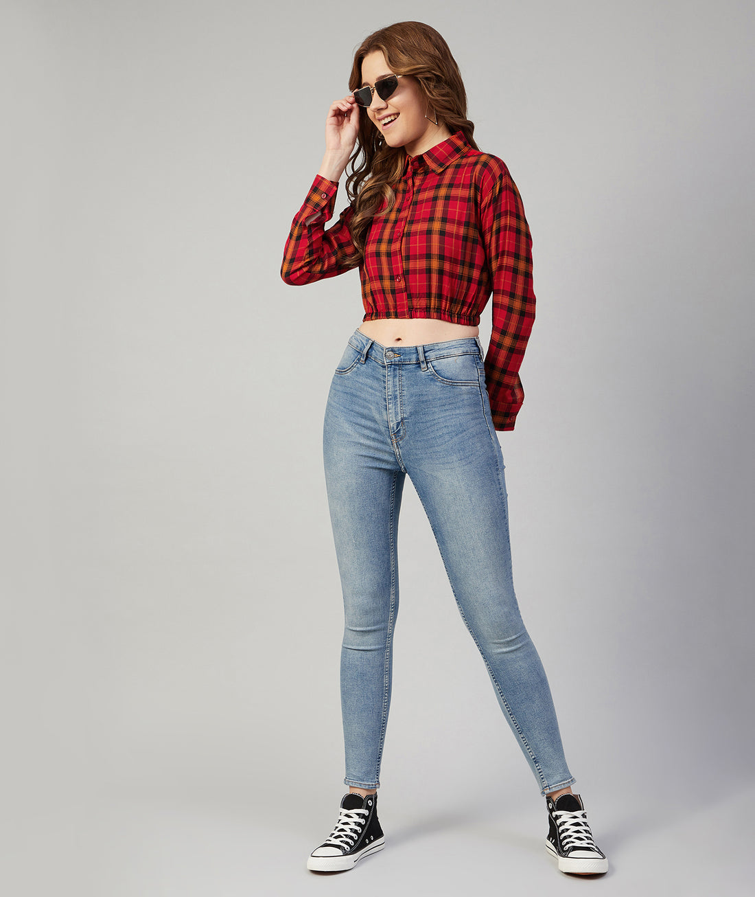 Chimpaaanzee Women Viscose Red and Orange Checkered Crop Shirt