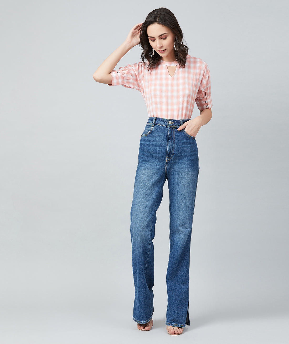 Chimpaaanzee Women Pink and White Checks Boxy Top
