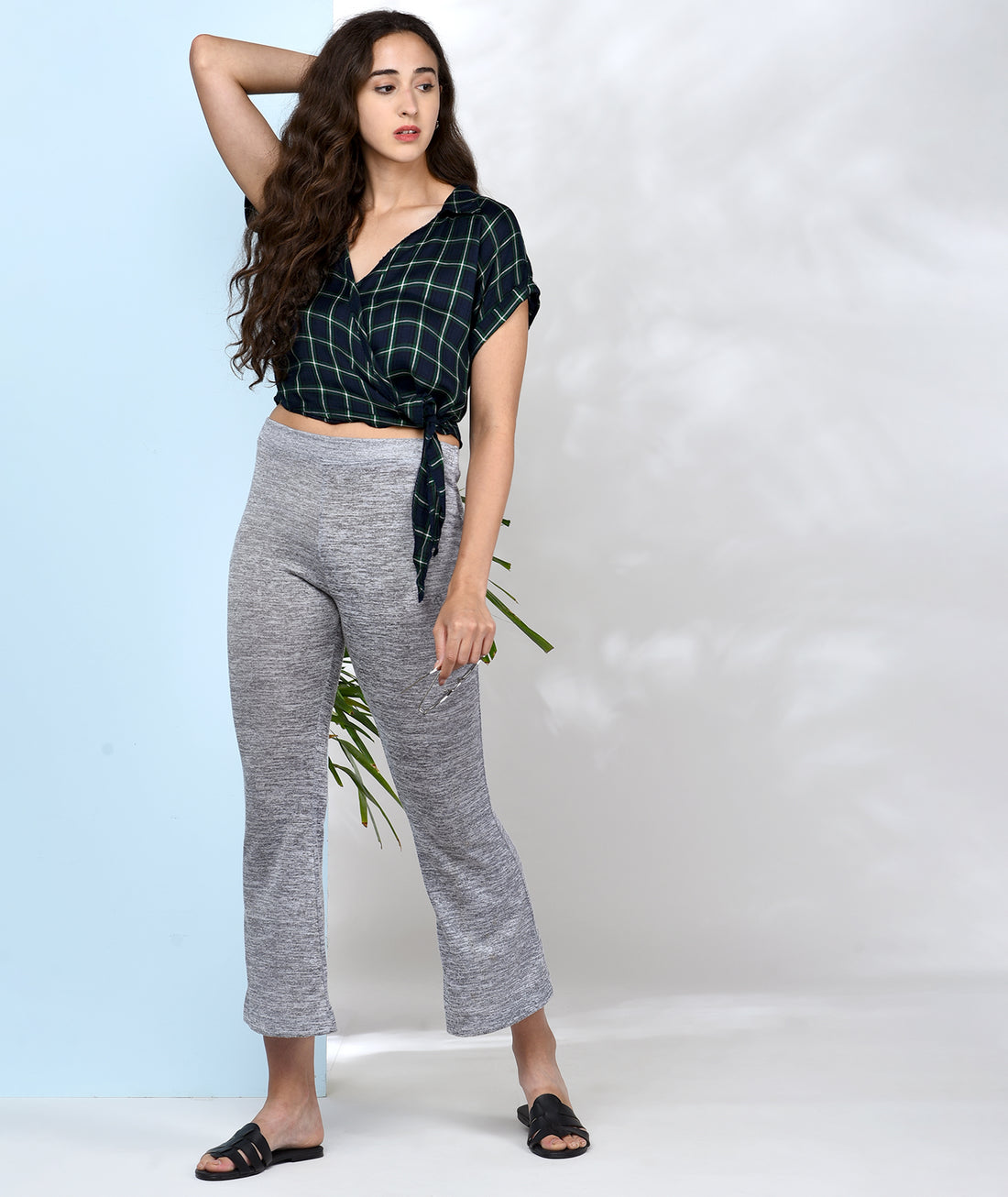 Chimpaaanzee Women Navy and Green Viscose Wrap Style Top