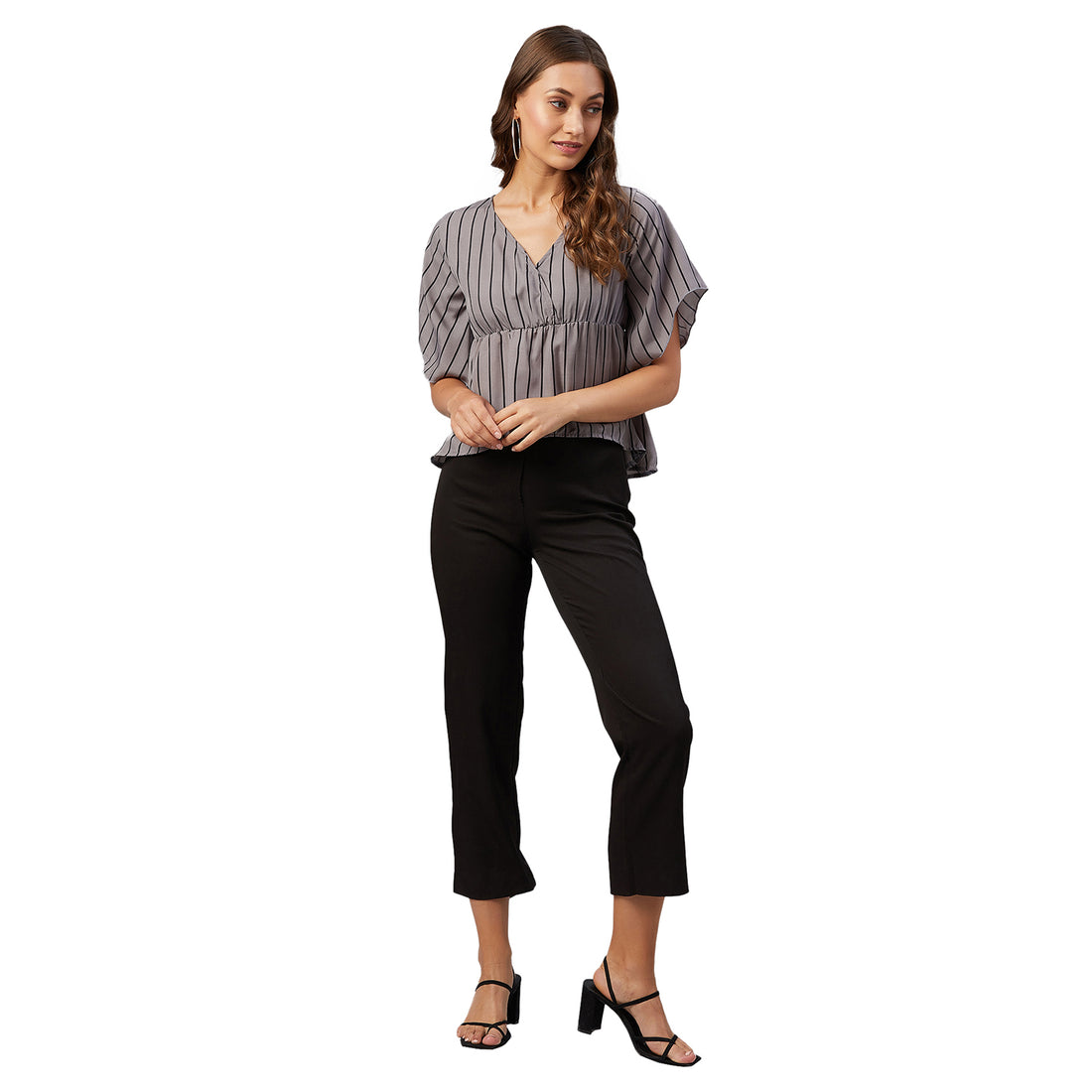 Chimpaaanzee Women Grey Striped Crepe Asymmetrical Top