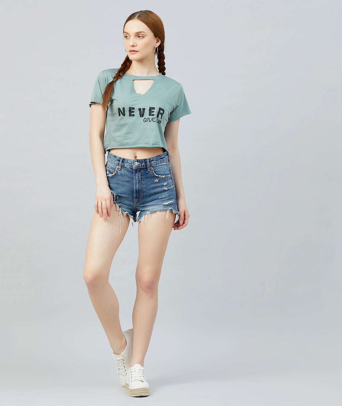 Chimpaaanzee Women Dusty Green keyhole Neck Crop T-shirt