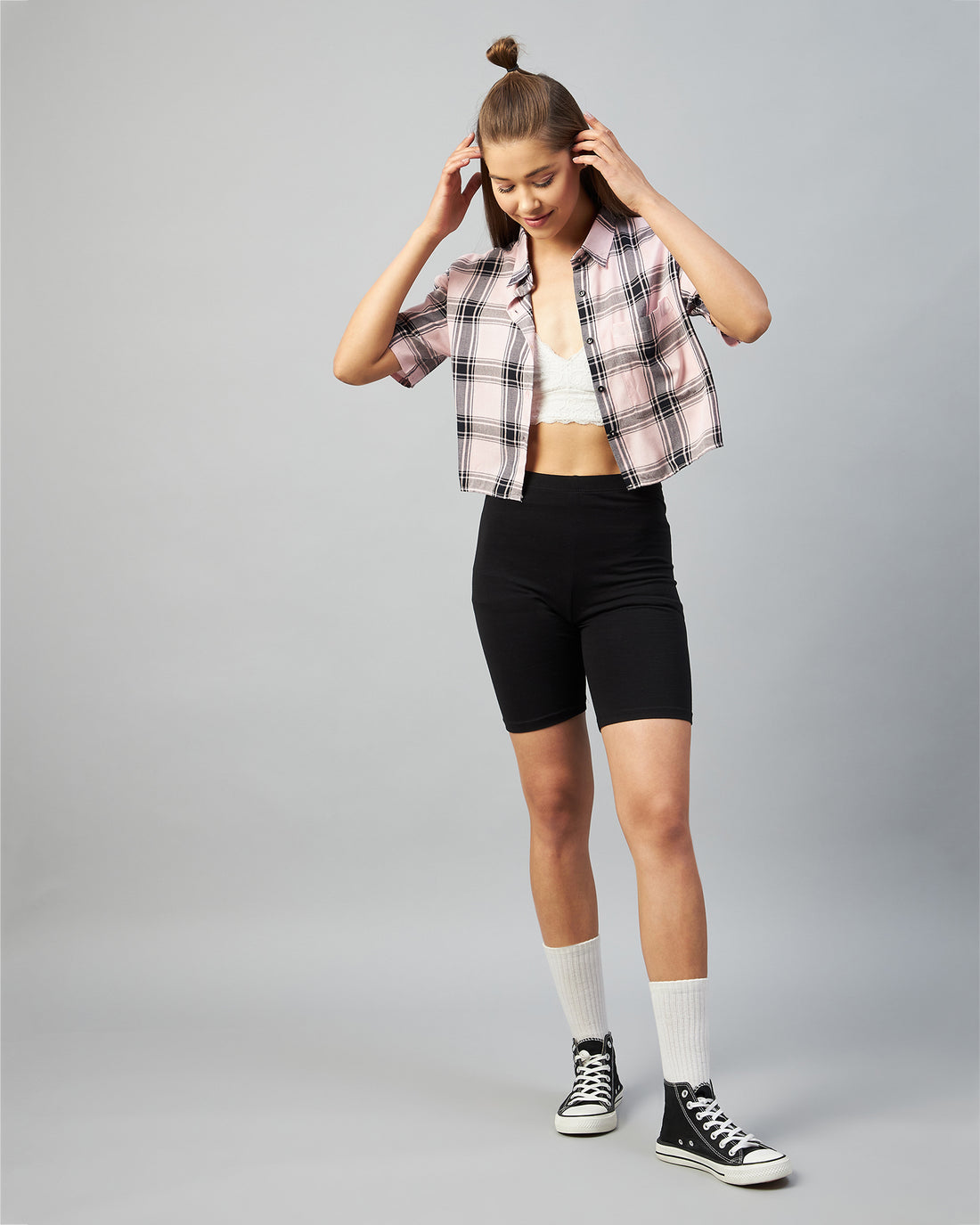 Chimpaaanzee Women Viscose Pink & Black  Checkered Half Sleeve Crop Shirt