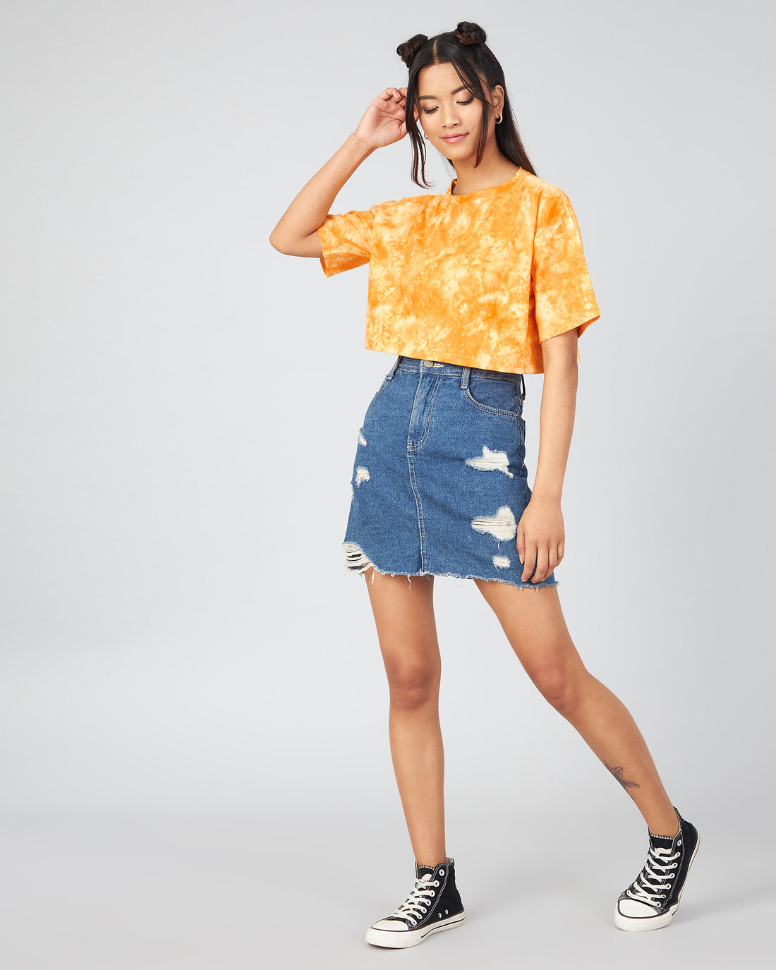 Chimpaaanzee Women Yellow Tie & Dye Loose Fit Crop T-shirt