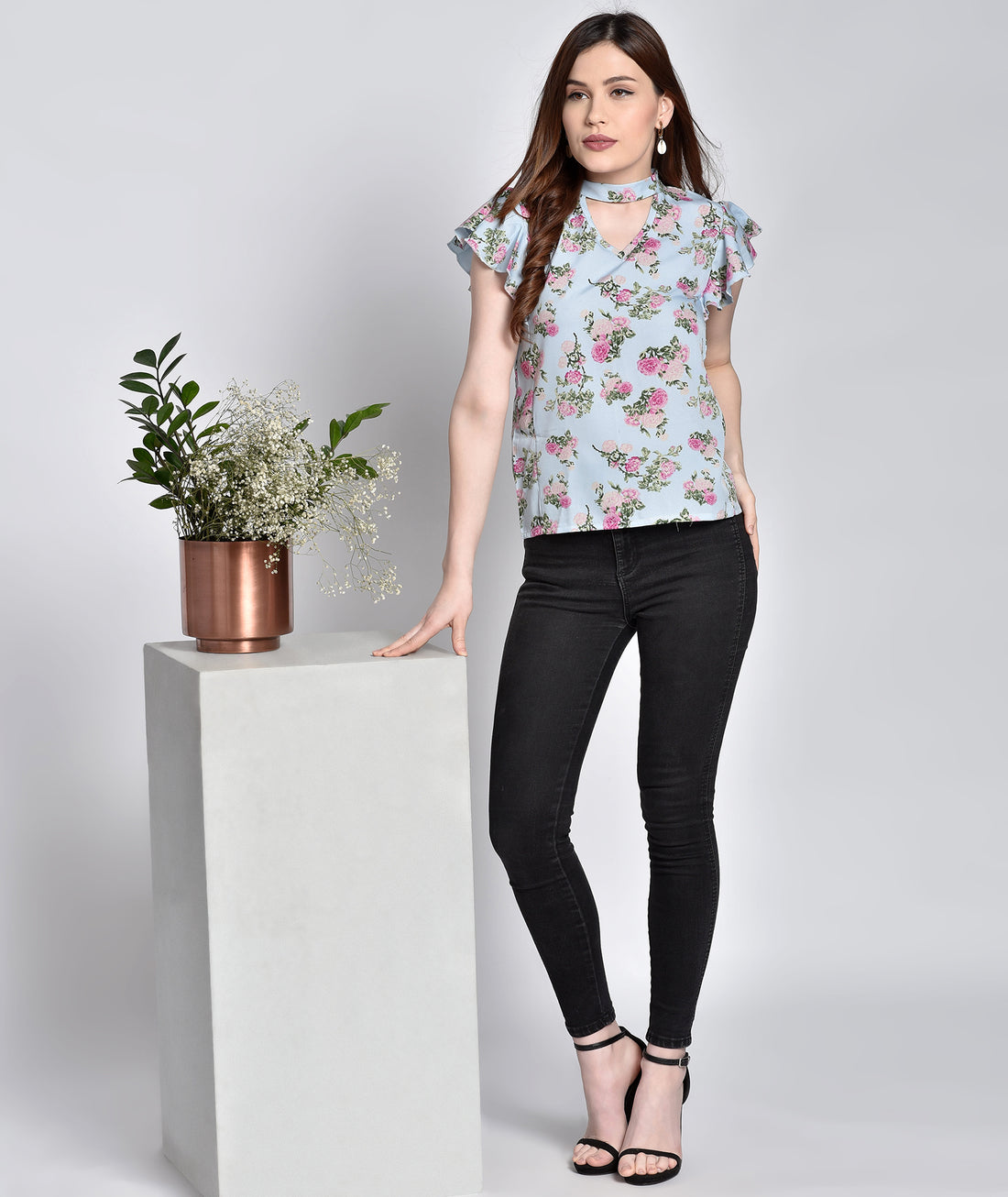 Chimpaaanzee Women  Flower Printed Choker Neck Purple Top