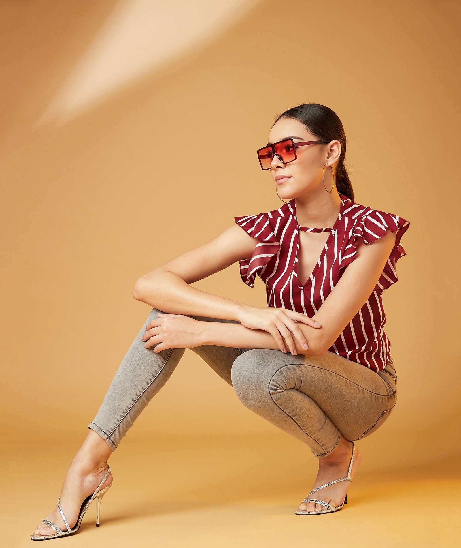 Chimpaaanzee Women Ruffled Sleeve Striped Crepe Top
