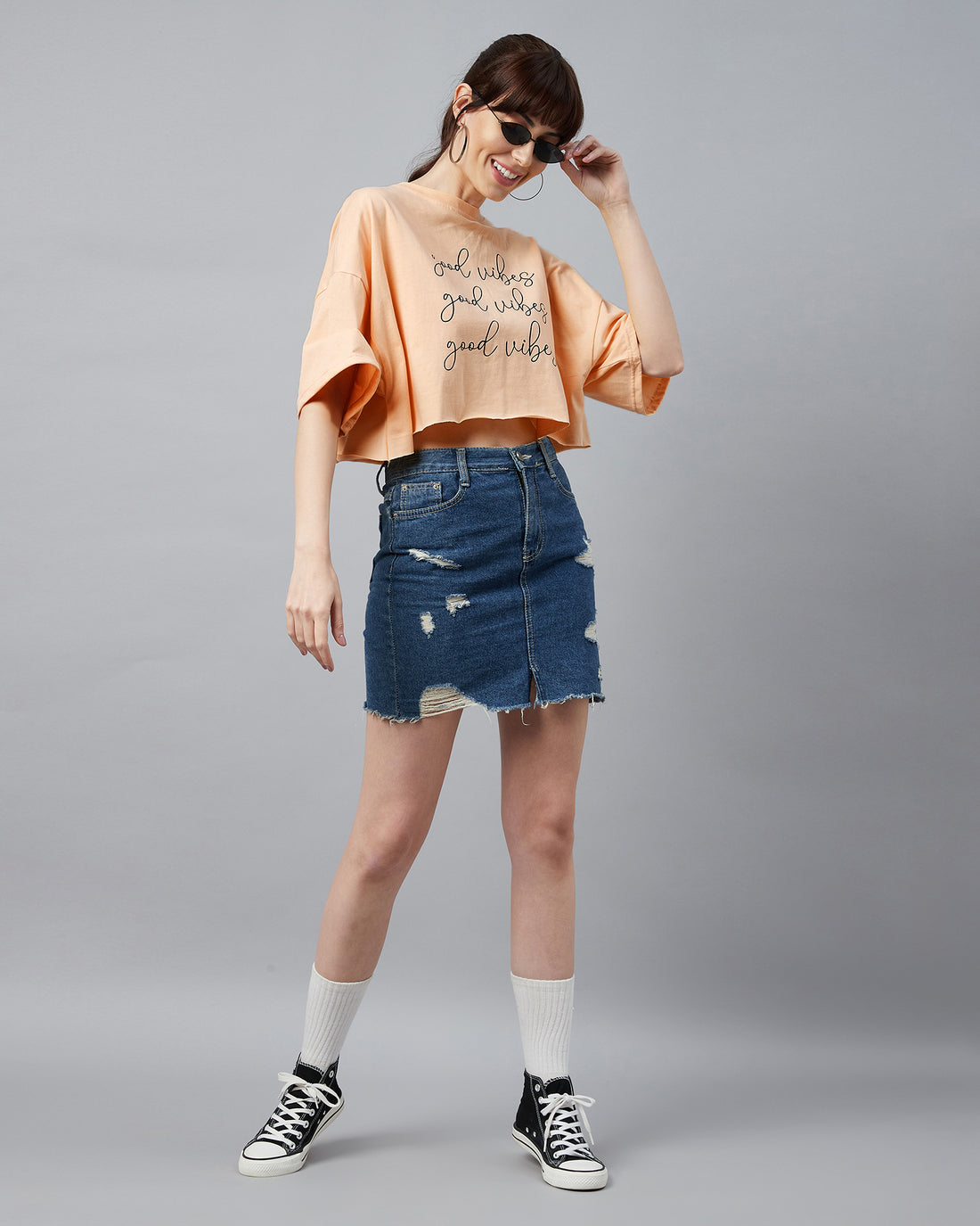 Chimpaaanzee Women Light Orange Typographic Oversized Crop T-shirt