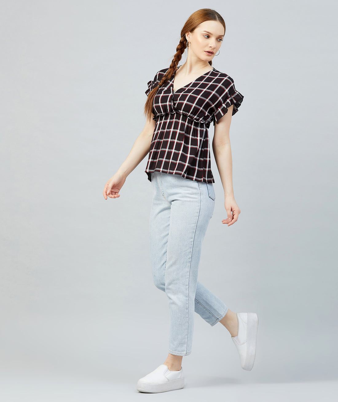 Chimpaaanzee Women Black and Red Checks Viscose Peplum Top
