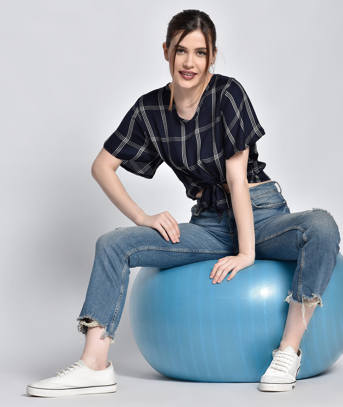 Chimpaaanzee Women Front Knot Checkered Navy Top