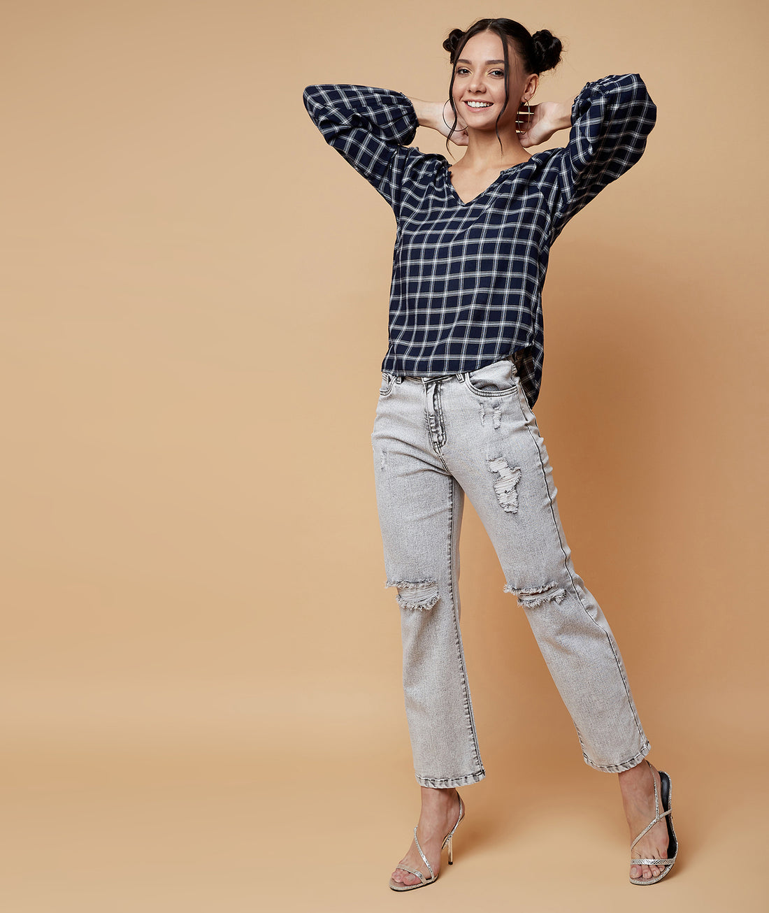 Chimpaaanzee Women V Neck Checkered Regular Top Navy