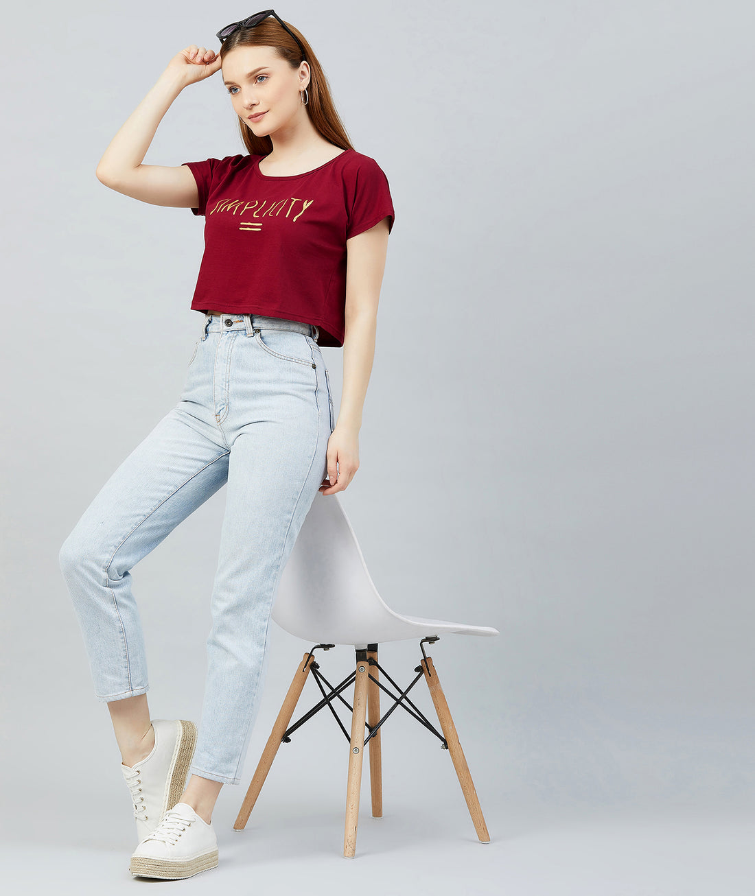 Chimpaaanzee Women Maroon Round Neck Crop T-shirt