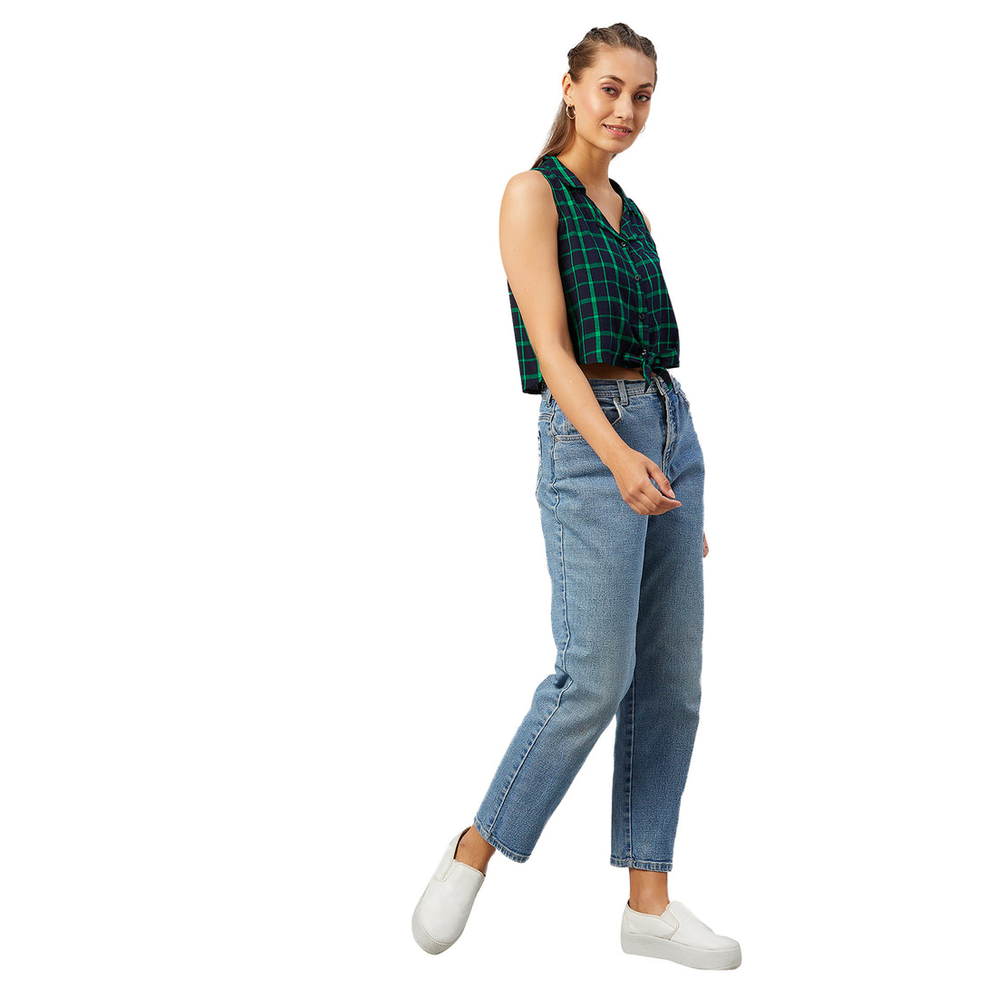 Chimpaaanzee Women Navy and Green Checkered Viscose Knotted Crop Top