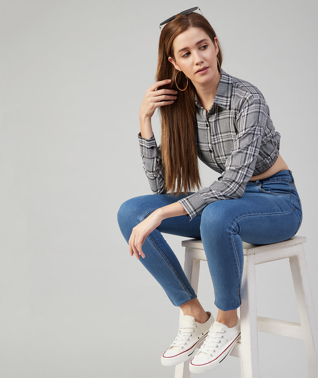 Chimpaaanzee Women Viscose Black and White Checkered Crop Shirt