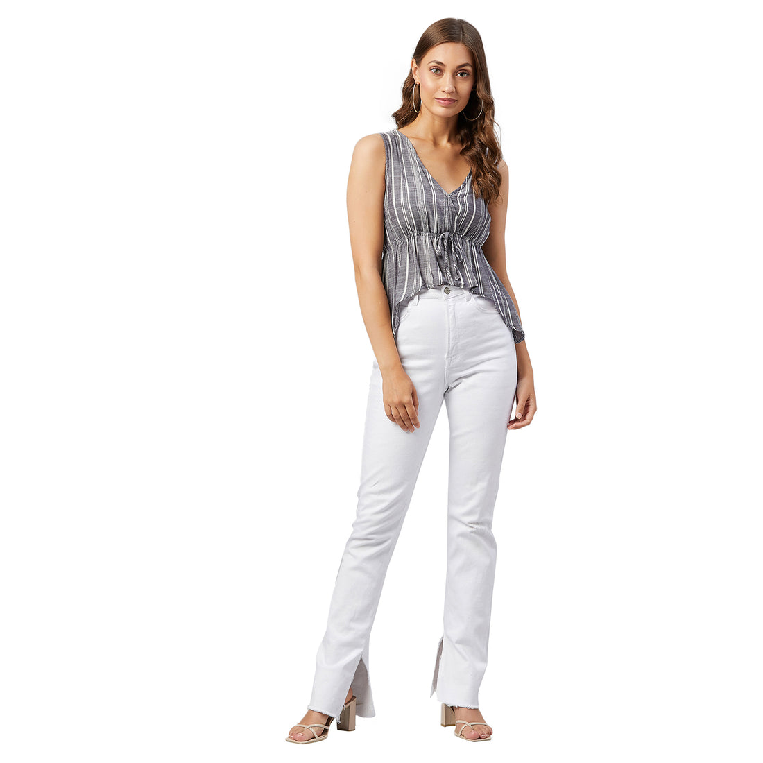 Chimpaaanzee Women Dark Grey Striped Viscose Asymmetrical Top