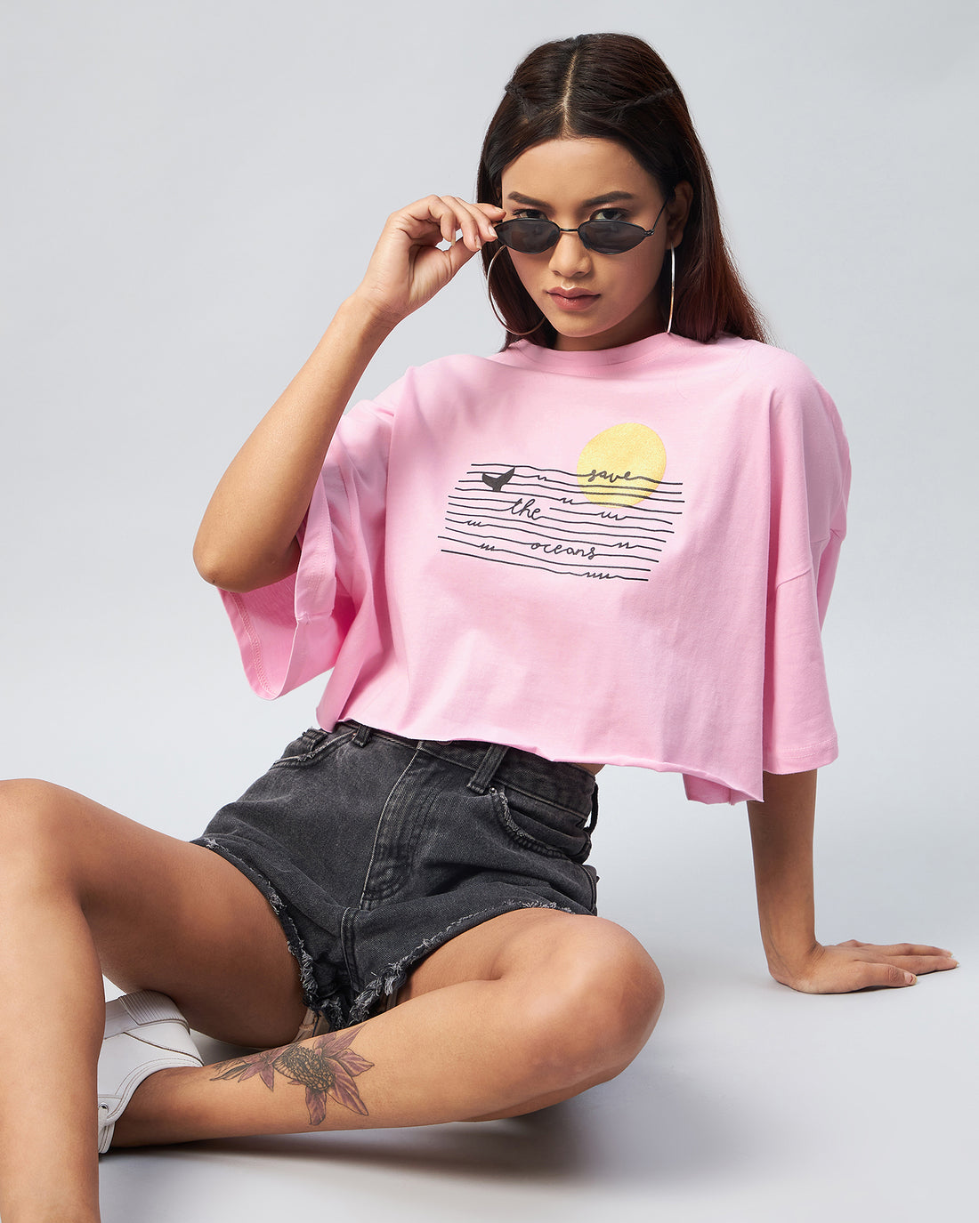 Chimpaaanzee Women Light Pink Solid Oversized Crop T-shirt