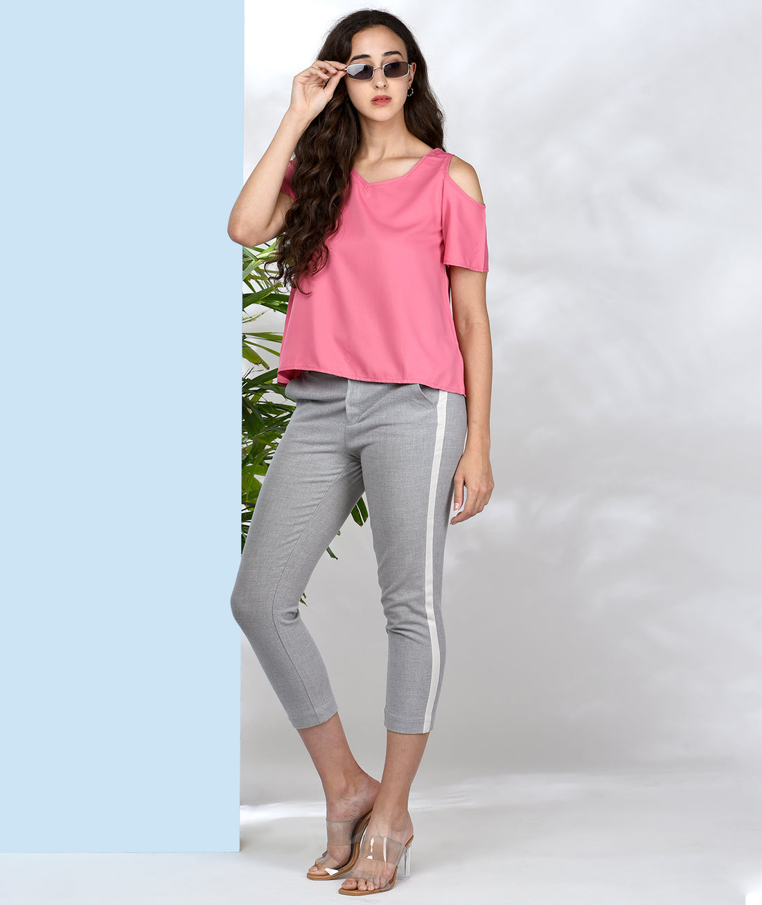 Chimpaaanzee Women Pink Solid Cold Shoulder Top