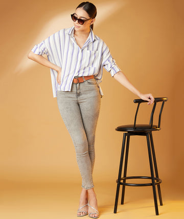 Chimpaaanzee Women Viscose Striped Loose Fit White & Blue Shirt