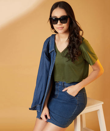 Chimpaaanzee Women V-Neck Cropped Olive Tee