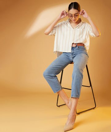 Chimpaaanzee Women Viscose Striped Loose Fit Beige Shirt