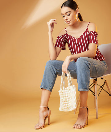 Chimpaaanzee Women Cold Shoulder Sleeve Striped Crepe Top