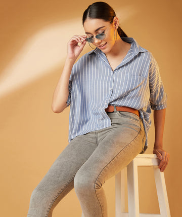 Chimpaaanzee Women Viscose Striped Loose Fit Navy Blue Shirt