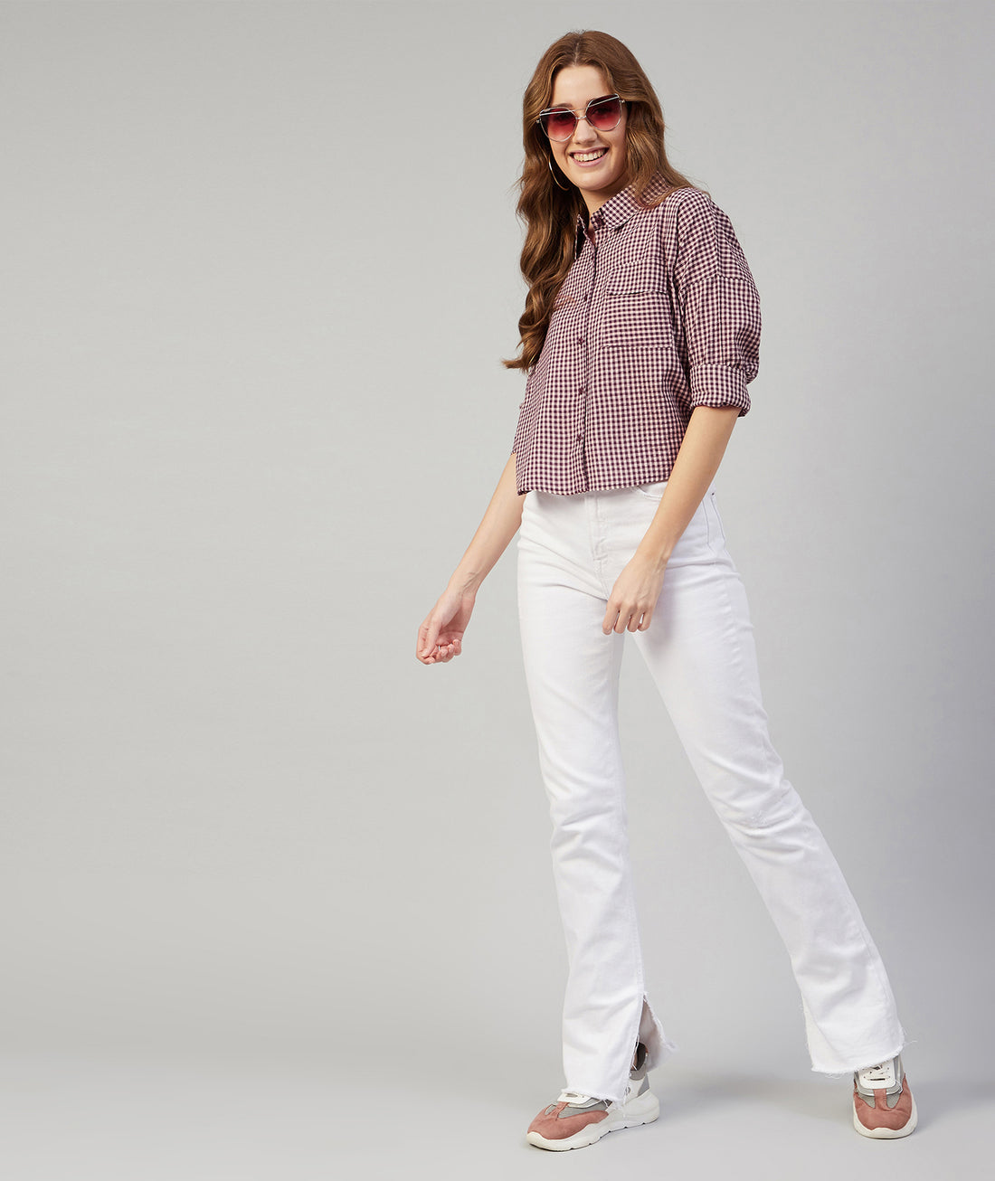 Chimpaaanzee Women Viscose Purple and Beige Checkered Loose Fit Shirt