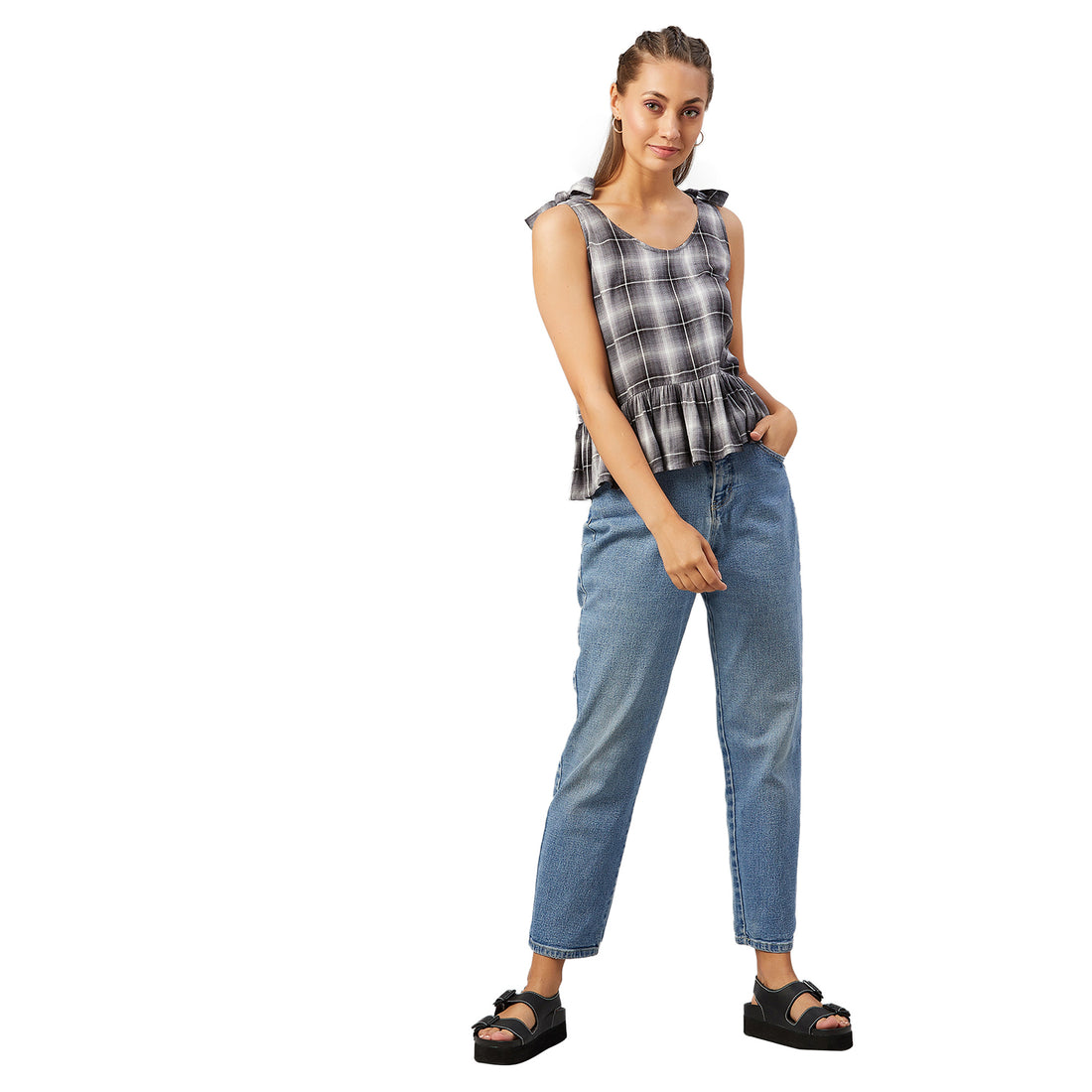 Chimpaaanzee Women Grey Checkered Viscose Ruffled Top