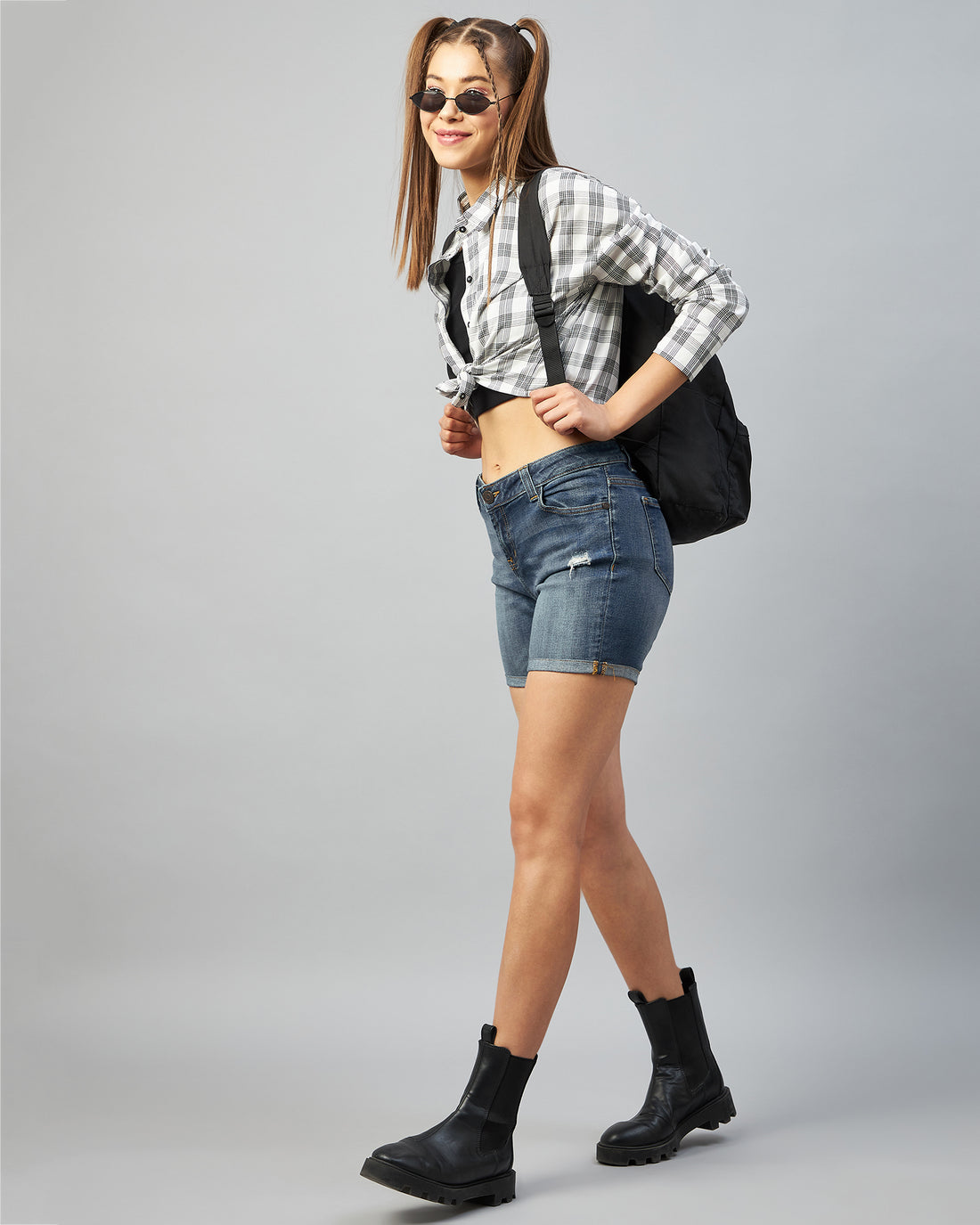 Chimpaaanzee Women Viscose White & Black Checkered Full Sleeve Drop Shoulder Crop Shirt