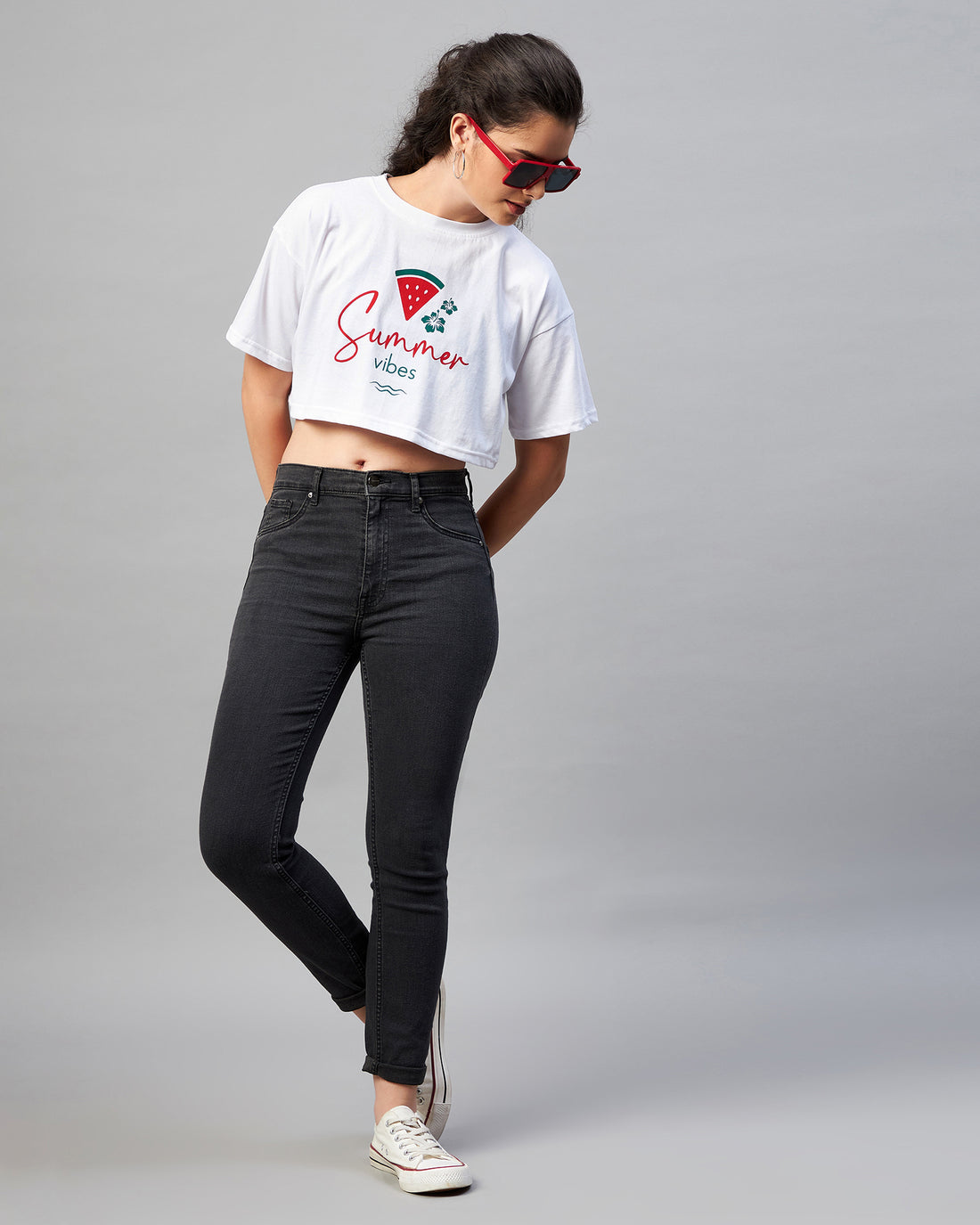 Chimpaaanzee Women White Typography Printed Loose Fit Crop T-shirt