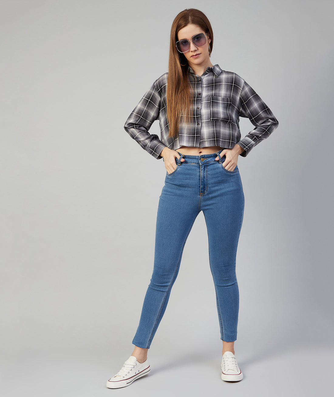 Chimpaaanzee Women Viscose Grey Checkered Full Sleeve Crop Shirt