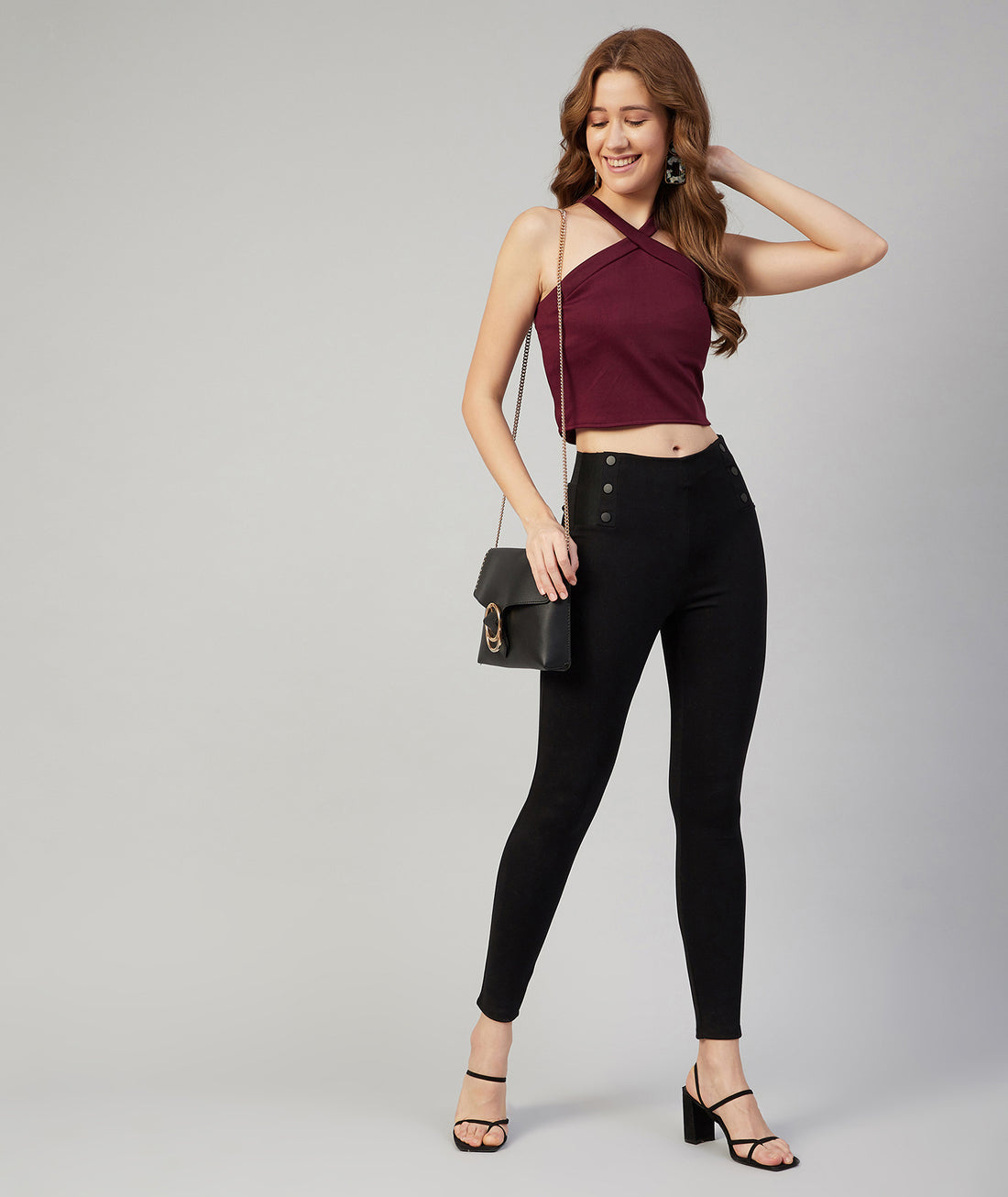 Chimpaaanzee Women Maroon Solid Cross Neck Crop Top