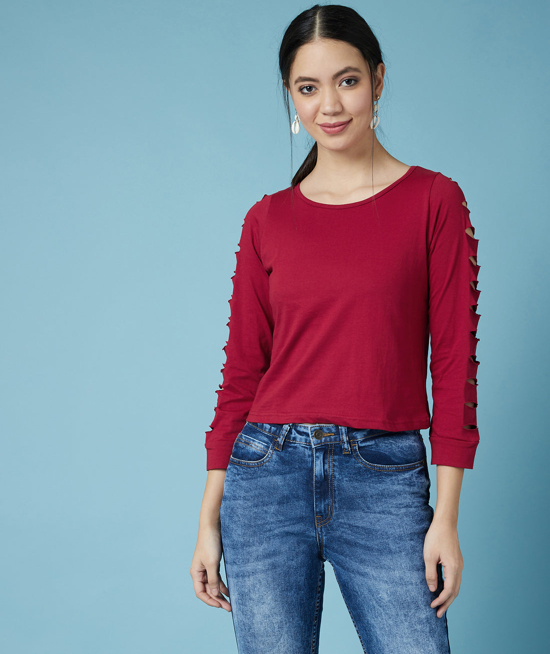 Chimpaaanzee Women Ripped Sleeve Cropped Maroon Tee