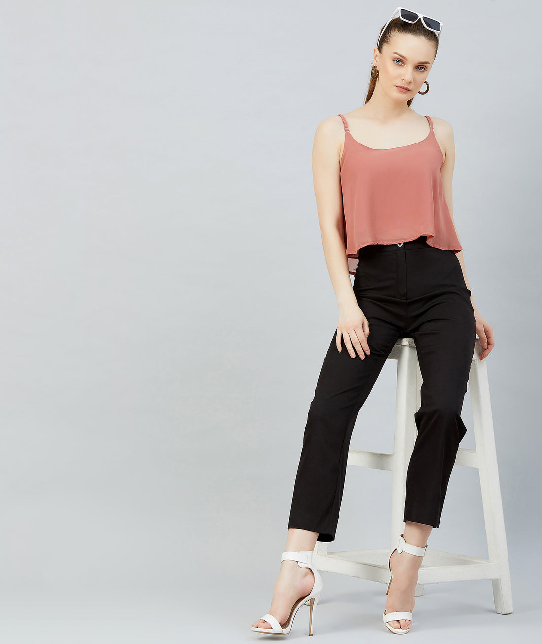 Chimpaaanzee Women Beige Georgette Noodle Strap Crop Top