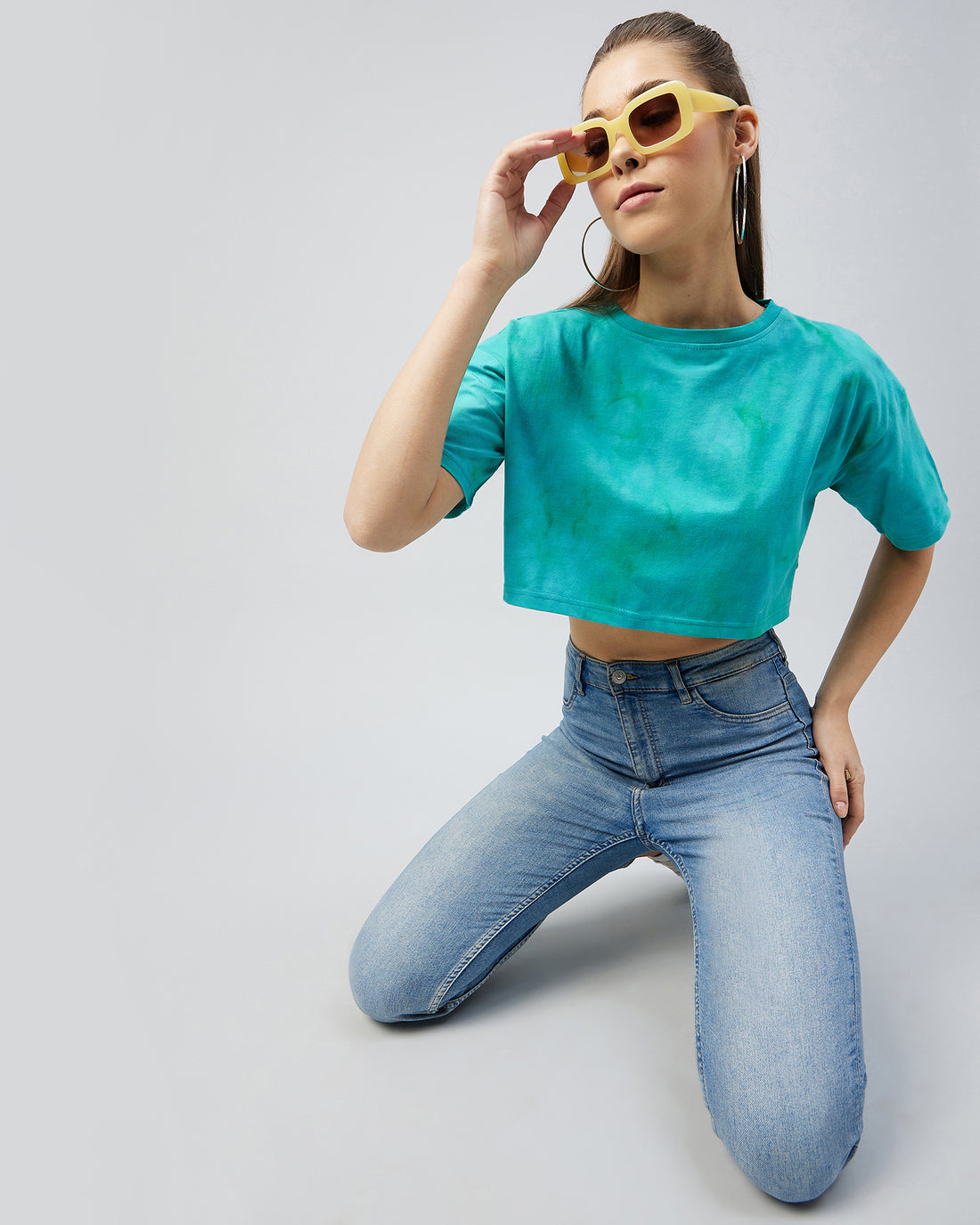 Chimpaaanzee Women Cotton Tie Dye Green loose Fit Crop T-shirt