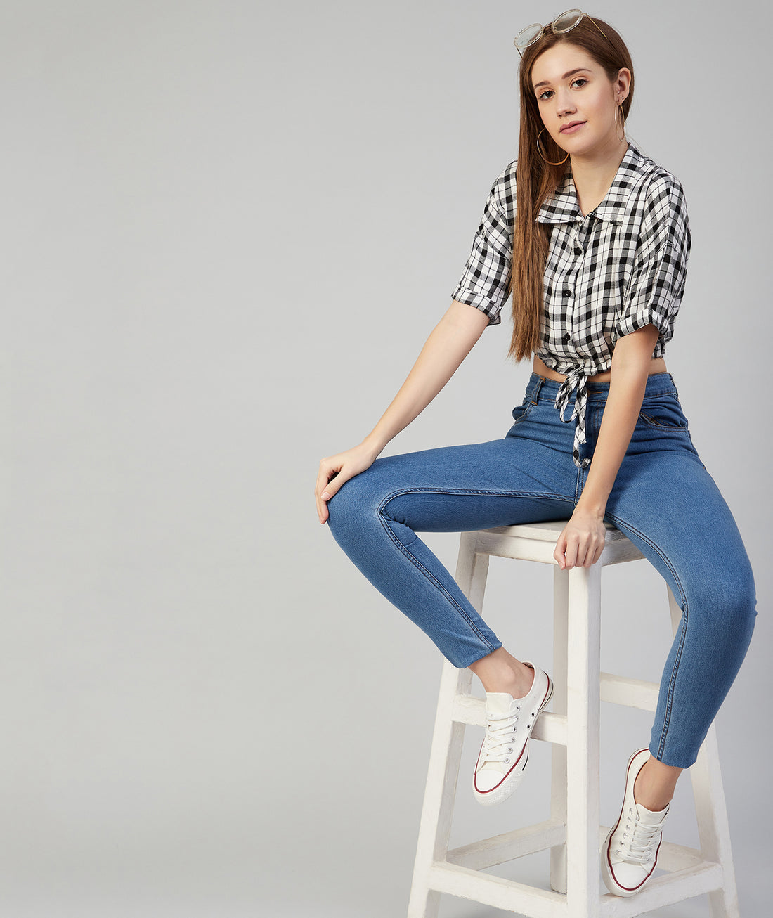 Chimpaaanzee Women Viscose Black and White Checkered Knotted Crop Shirt