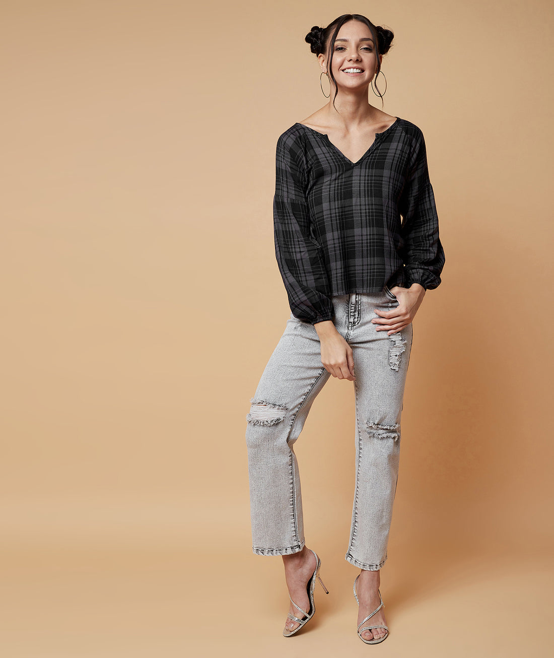 Chimpaaanzee Women Checkered Rangalan Sleeve Top Grey