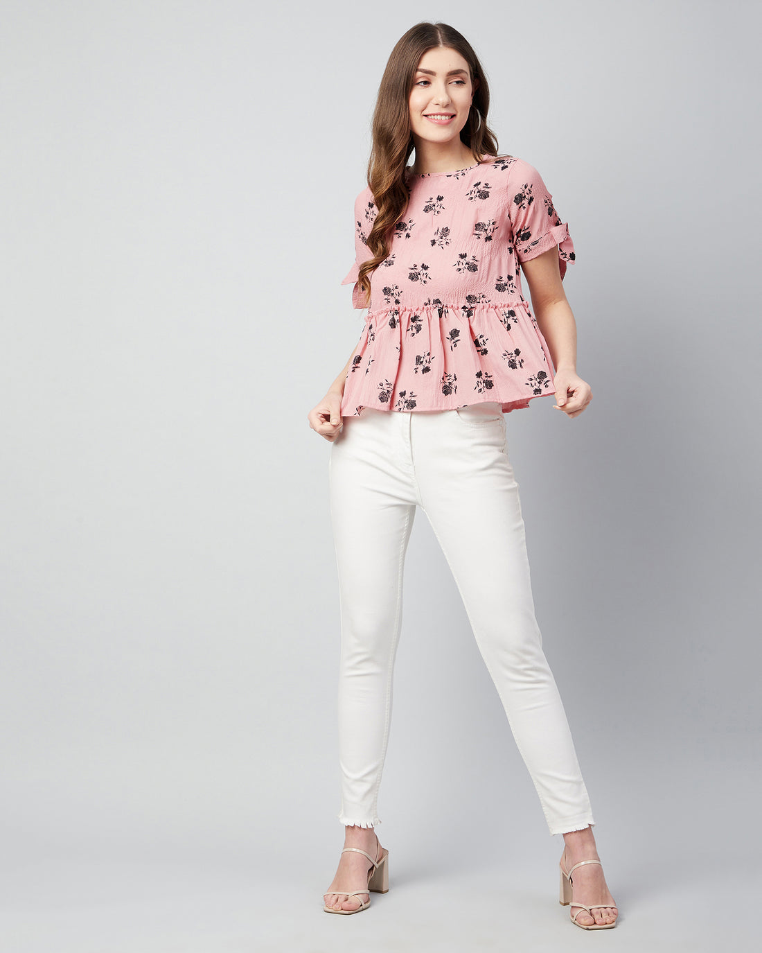 Chimpaaanzee Women Pink Flower Printed Ruffled Top
