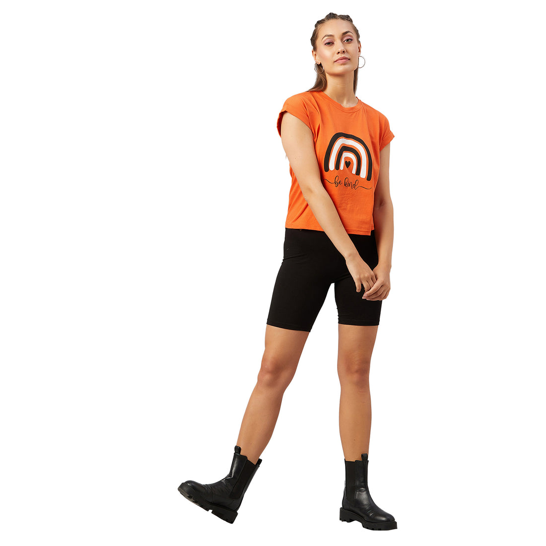 Chimpaaanzee Women Orange Folded Sleeve Round Neck T-shirt