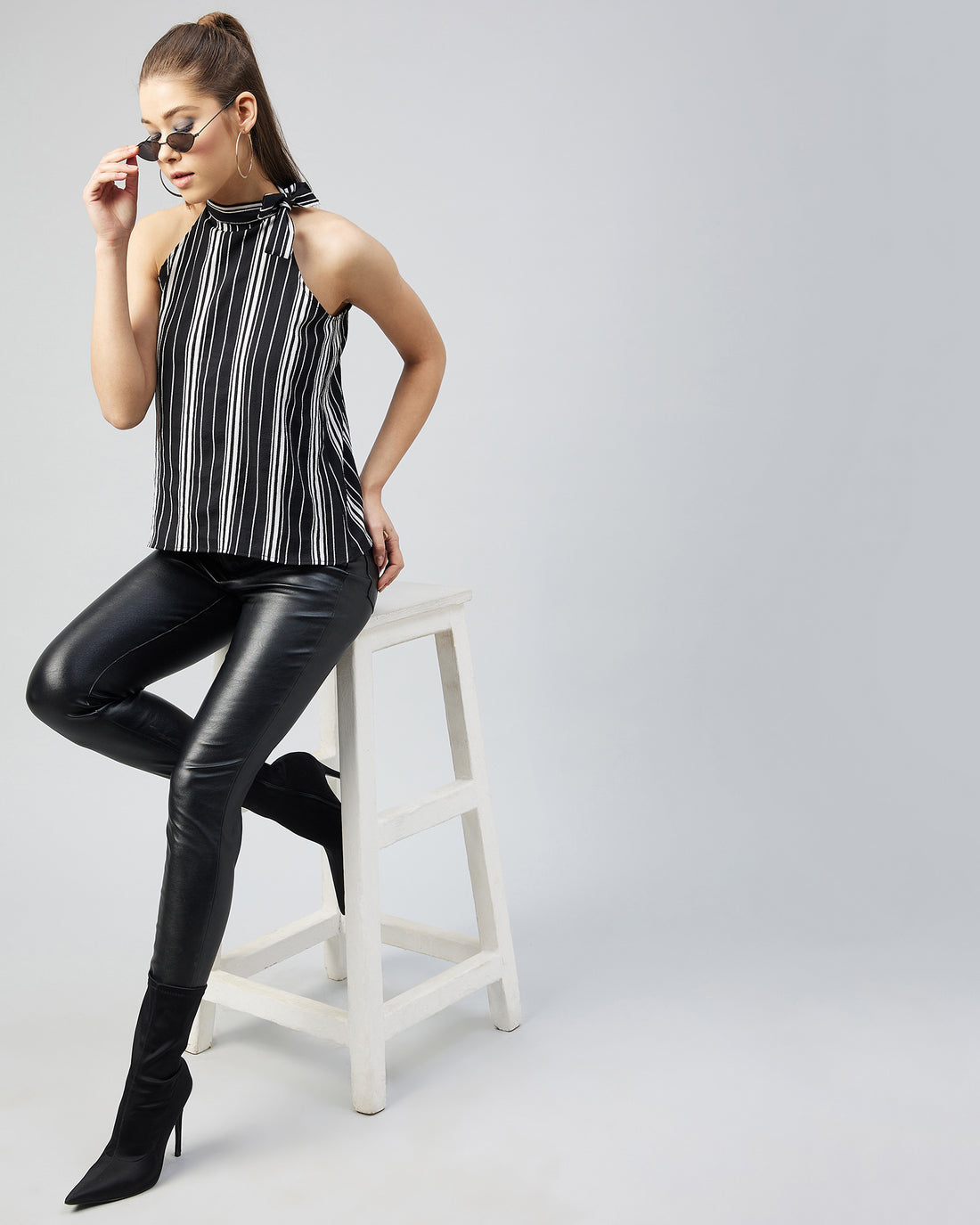 Chimpaaanzee Women Crepe Black and White Side Tie Knot Neck Top
