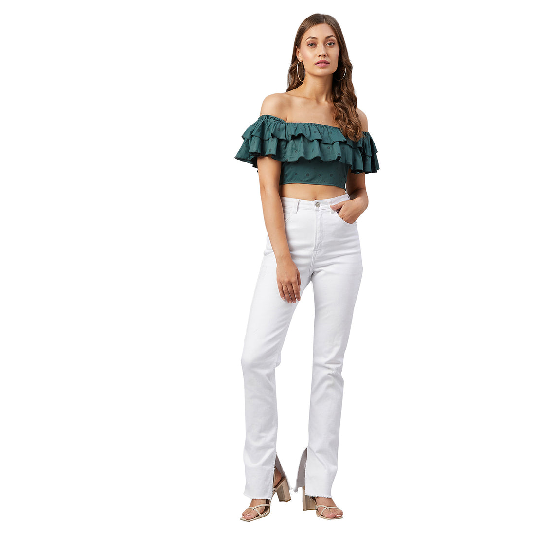 Chimpaaanzee Women Green Doted Ruffled Crop Top
