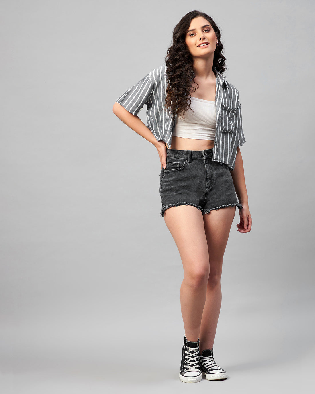 Chimpaaanzee Women Viscose Dark Grey Striped Half Sleeve Crop Shirt