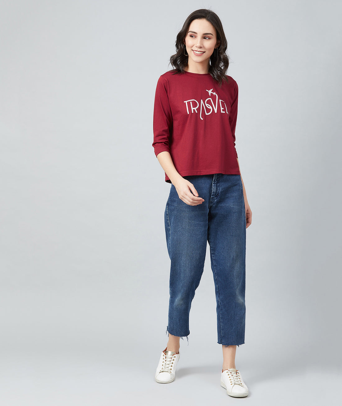 Chimpaaanzee Women Maroon Round Neck Full Sleeve T-shirt