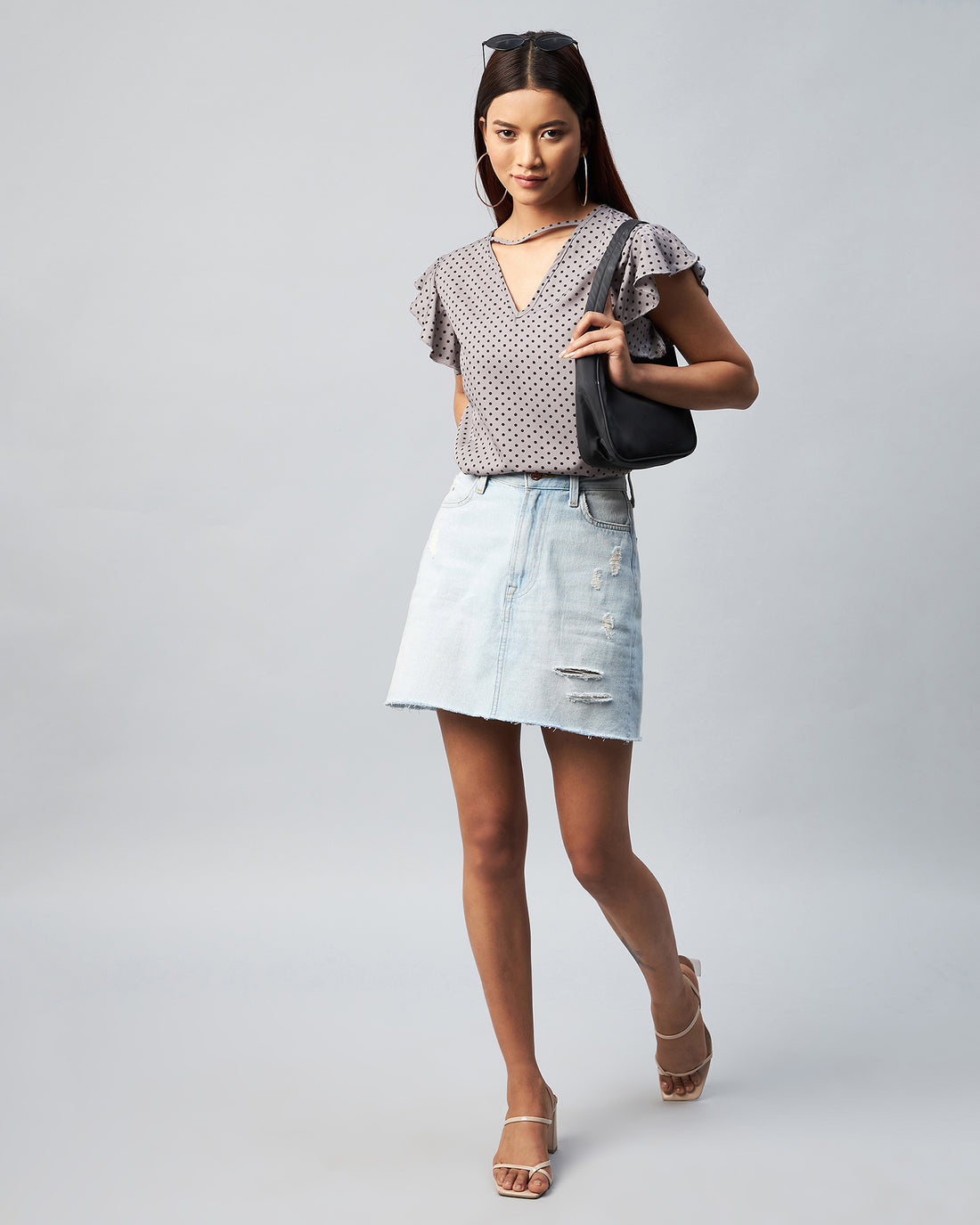 Chimpaaanzee Women Crepe Grey Polka Dotted Ruffled Top