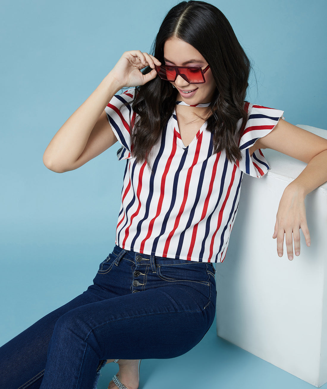 Chimpaaanzee Women Ruffled Sleeve Striped Multicolor Crepe Top