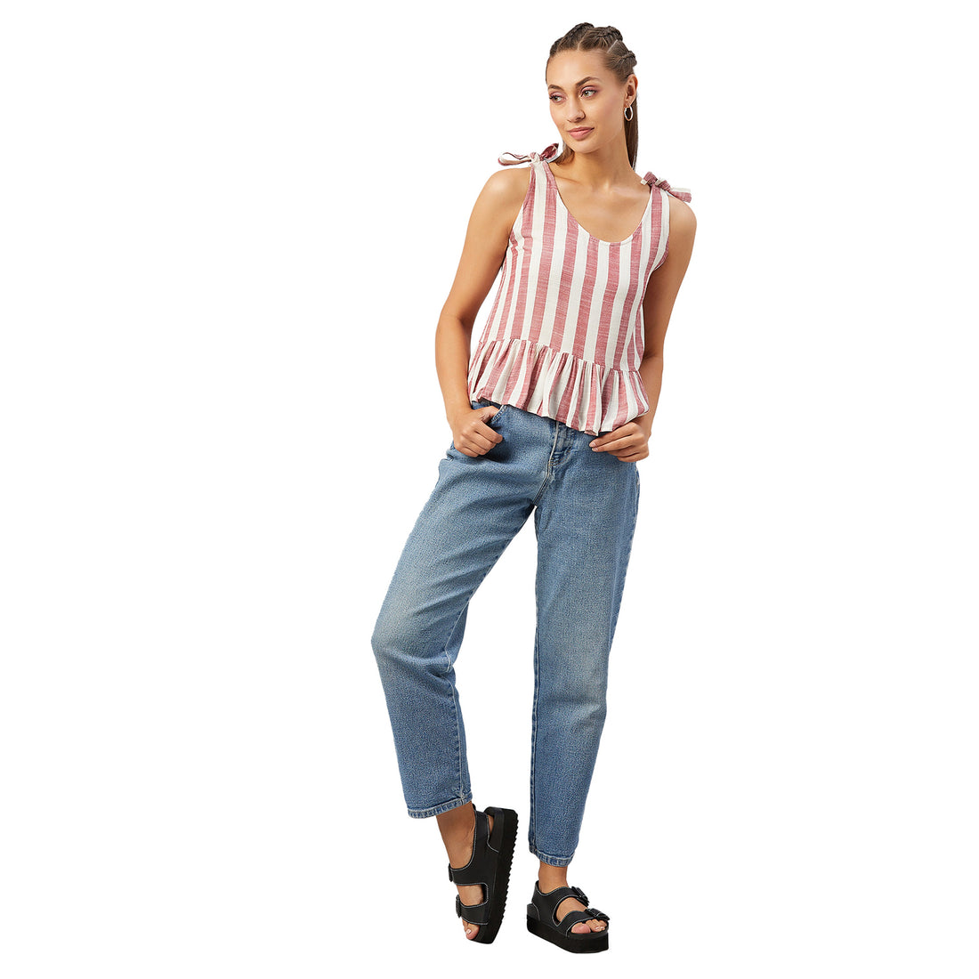 Chimpaaanzee Women Red Striped Viscose Ruffled Top