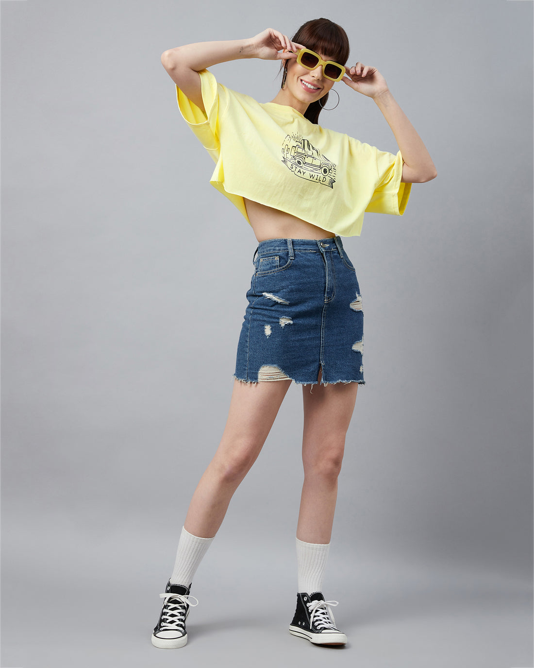 Chimpaaanzee Women Light Yellow Typographic Oversized Crop T-shirt