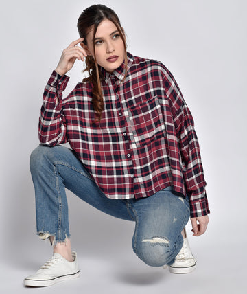 Chimpaaanzee Women Viscose Checkered Loose Fit Maroon Shirt