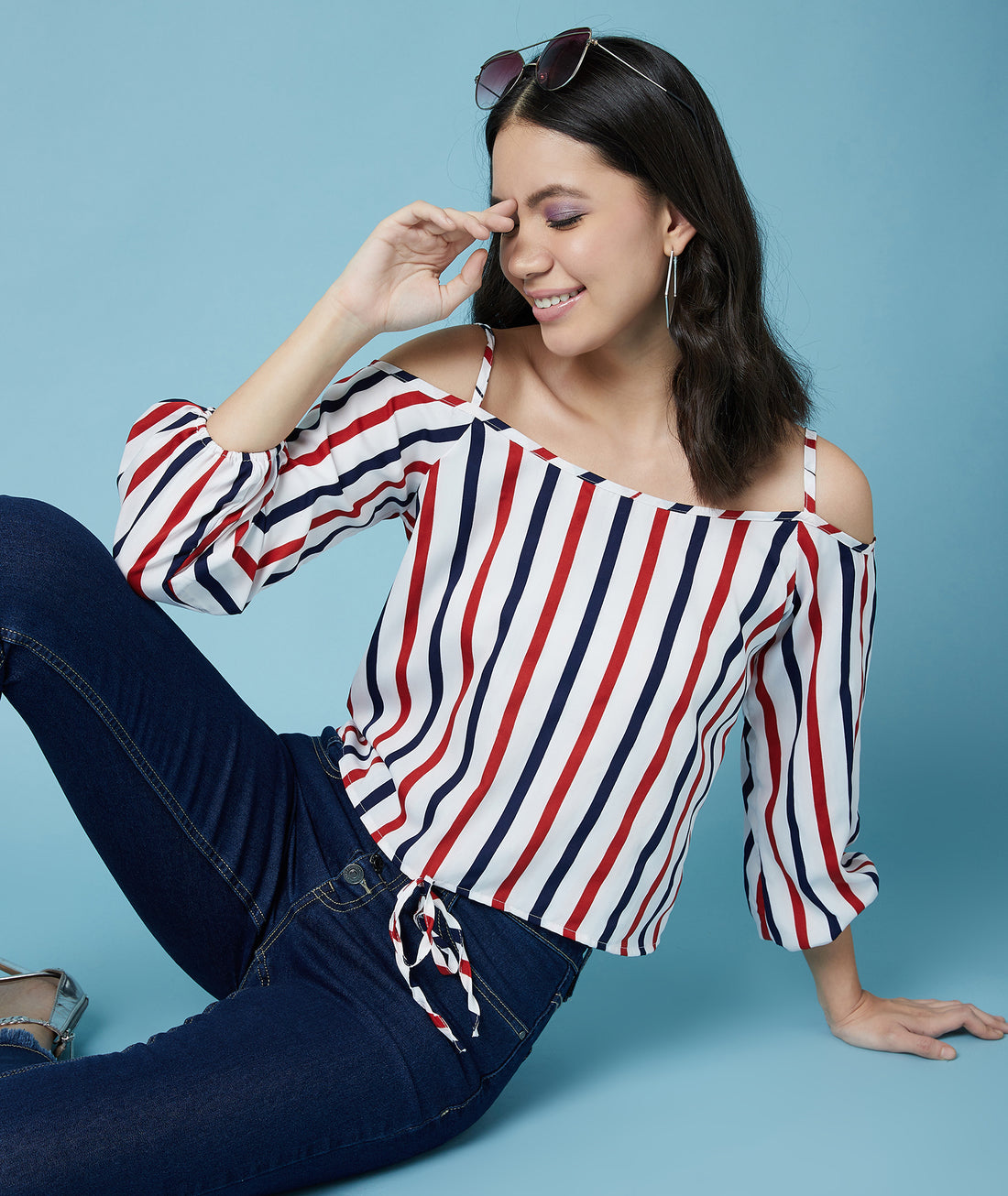 Chimpaaanzee Women Cold Shoulder Striped Multicolor Top