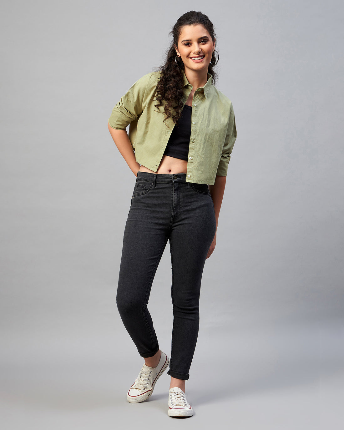 Chimpaaanzee Women Cotton Green Solid Full Sleeve Drop Shoulder Crop Shirt