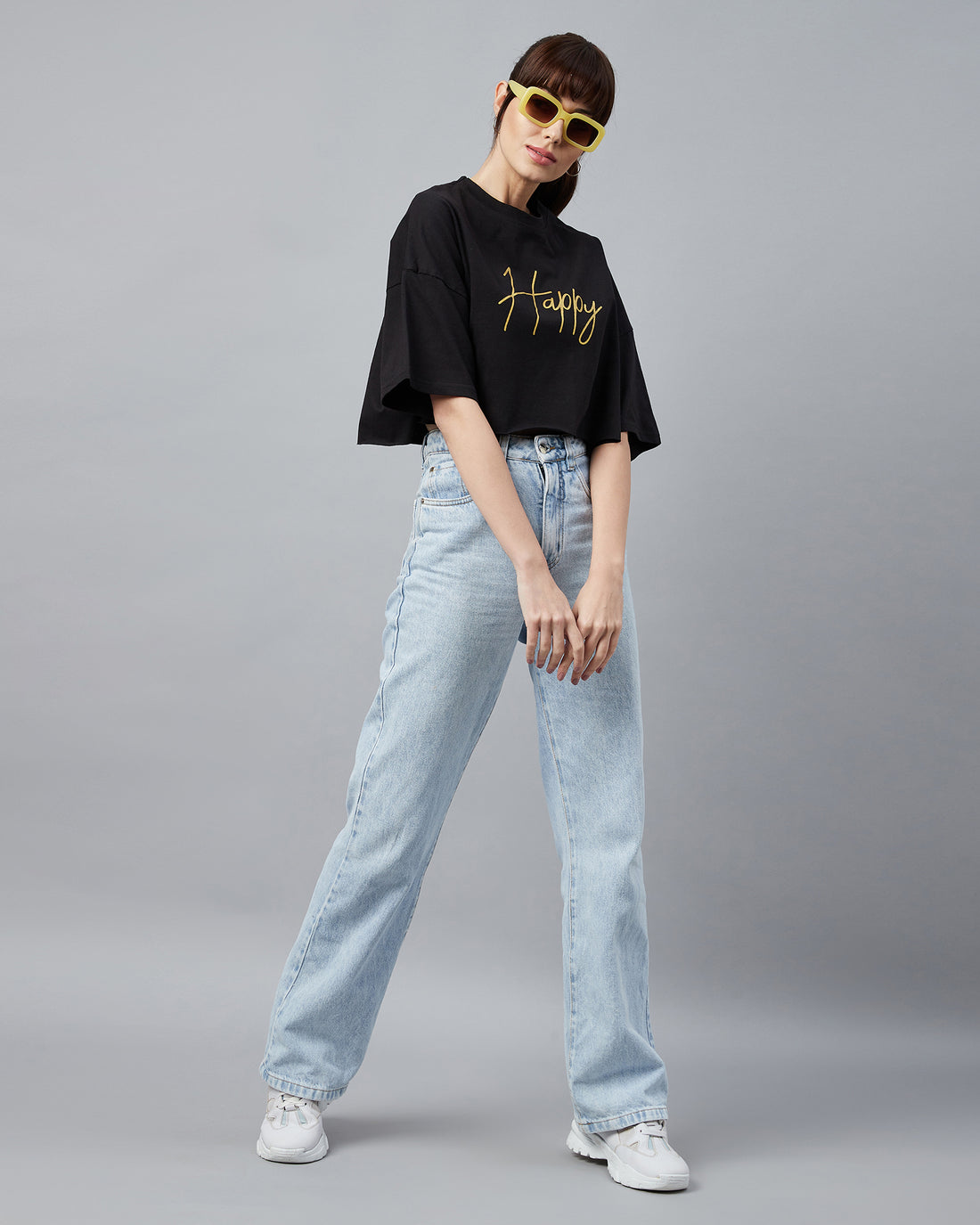 Chimpaaanzee Women Black Typographic Oversized Crop T-shirt